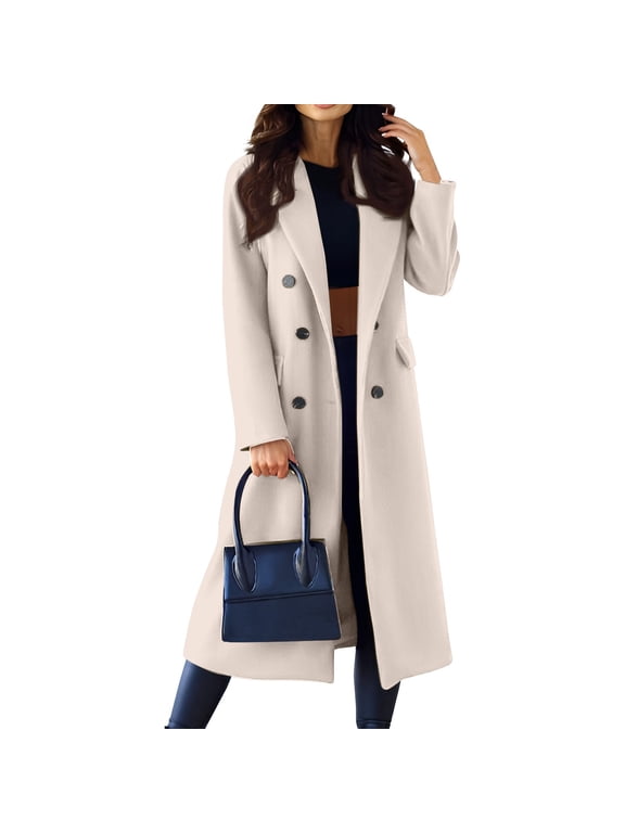 Women's Winter Lapel Double Breasted Office Work Long Wool Spring Fall Pea Coat Overcoat Beige M