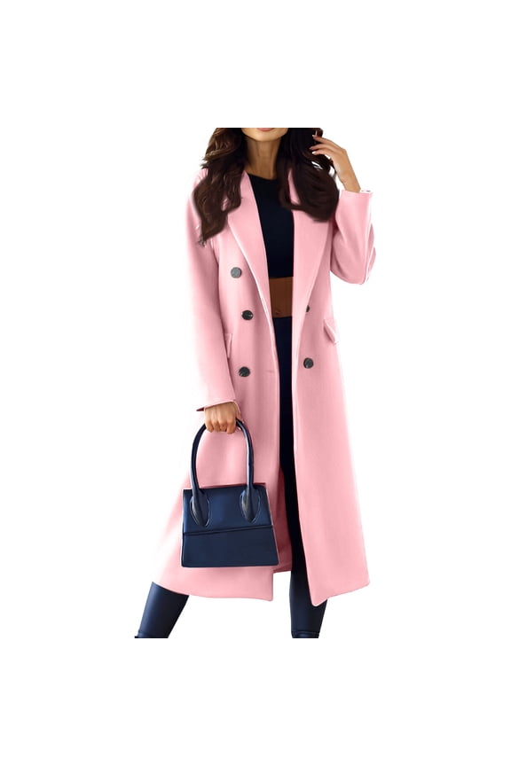 Women's Winter Lapel Double Breasted Office Work Long Wool Spring Fall Pea Coat Overcoat Pink M