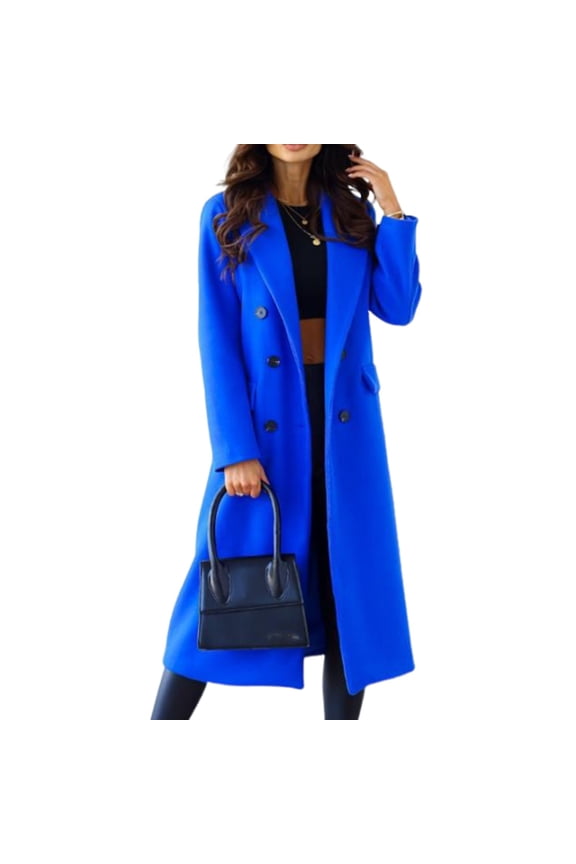 Women's Winter Lapel Double Breasted Office Work Long Wool Spring Fall Pea Coat Overcoat Royal Blue M