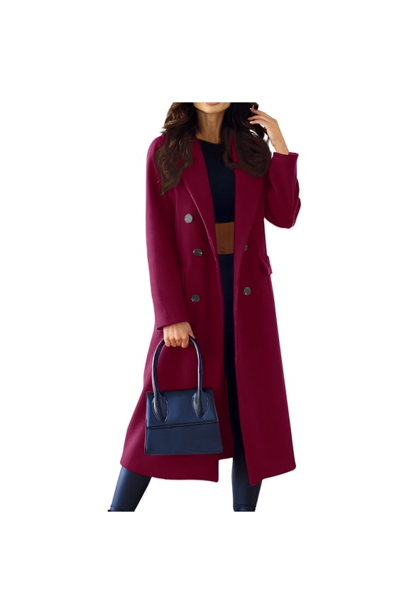 Women's Winter Lapel Double Breasted Office Work Long Wool Spring Fall Pea Coat Overcoat Wine M