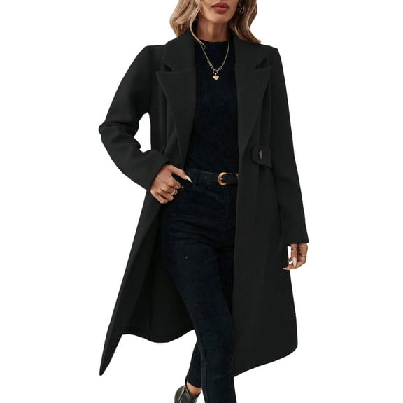 Stichou Women's Winter Wool Coat Business Long Sleeve Fall Winter Notch Lapel Oversized Long Peacoat Black L