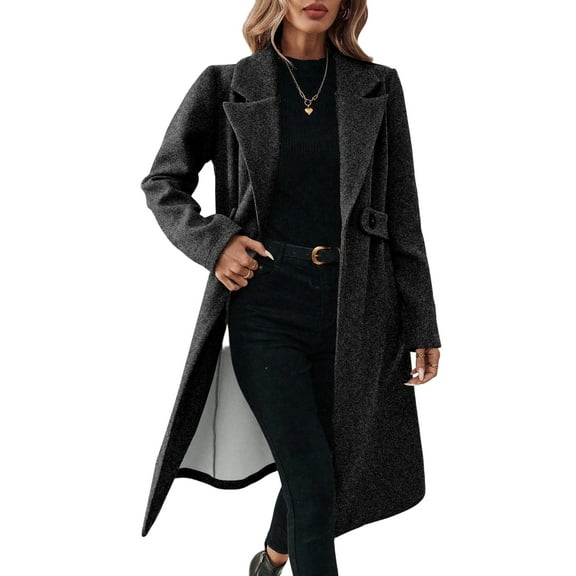 Stichou Women's Winter Wool Coat Business Long Sleeve Fall Winter Notch Lapel Oversized Long Peacoat Dark Gray L