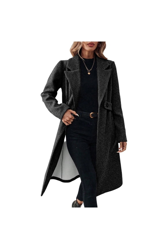 Women's Winter Wool Coat Business Long Sleeve Fall Winter Notch Lapel Oversized Long Peacoat Dark Gray L