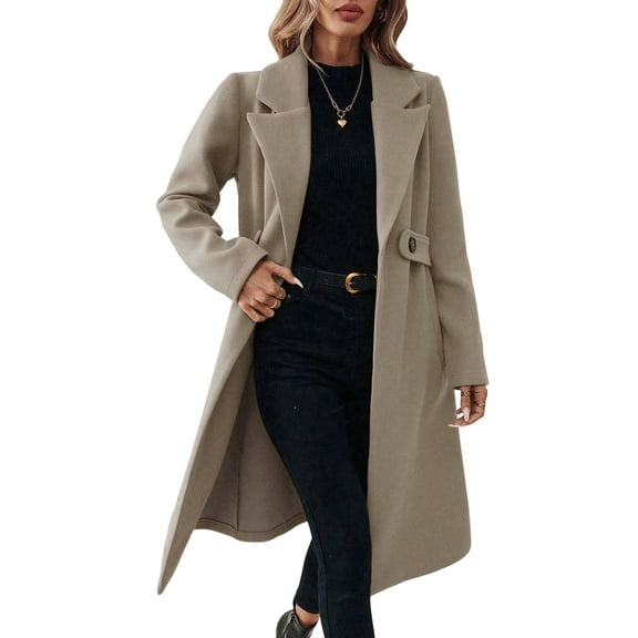 Stichou Women's Winter Wool Coat Business Long Sleeve Fall Winter Notch Lapel Oversized Long Peacoat Khaki L