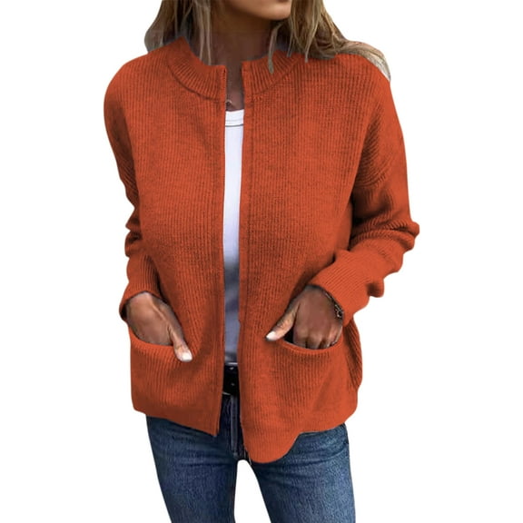 Stichou Women's Zip Up Knit Cardigan Lightweight Long Sleeve Stand Collar Sweater Outwear Coat with Pockets Orange L
