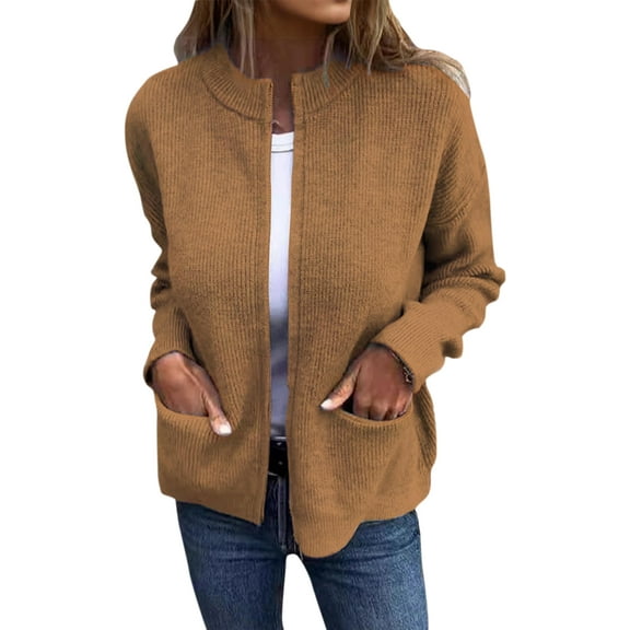 Stichou Women's Zipper Knitted Jacket Zip Up Sweaters Long Sleeve Casual Loose Outwear with Pockets Ginger L