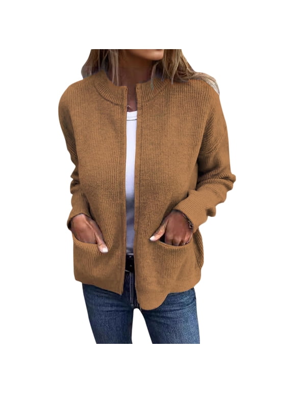 Women's Zipper Knitted Jacket Zip Up Sweaters Long Sleeve Casual Loose Outwear with Pockets Ginger L