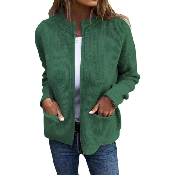 Stichou Women's Zipper Knitted Jacket Zip Up Sweaters Long Sleeve Casual Loose Outwear with Pockets Green 2XL