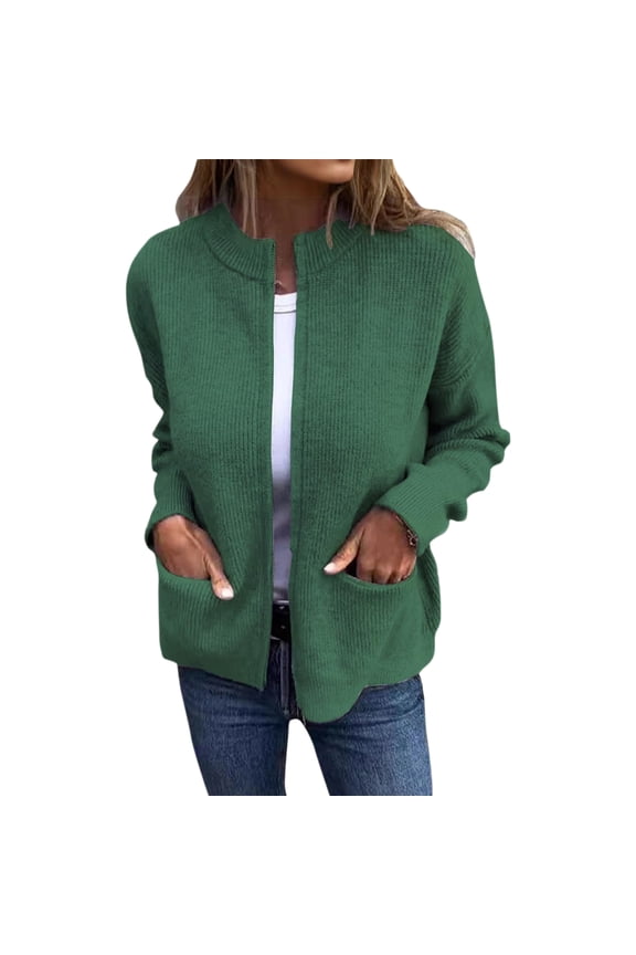Women's Zipper Knitted Jacket Zip Up Sweaters Long Sleeve Casual Loose Outwear with Pockets Green 2XL