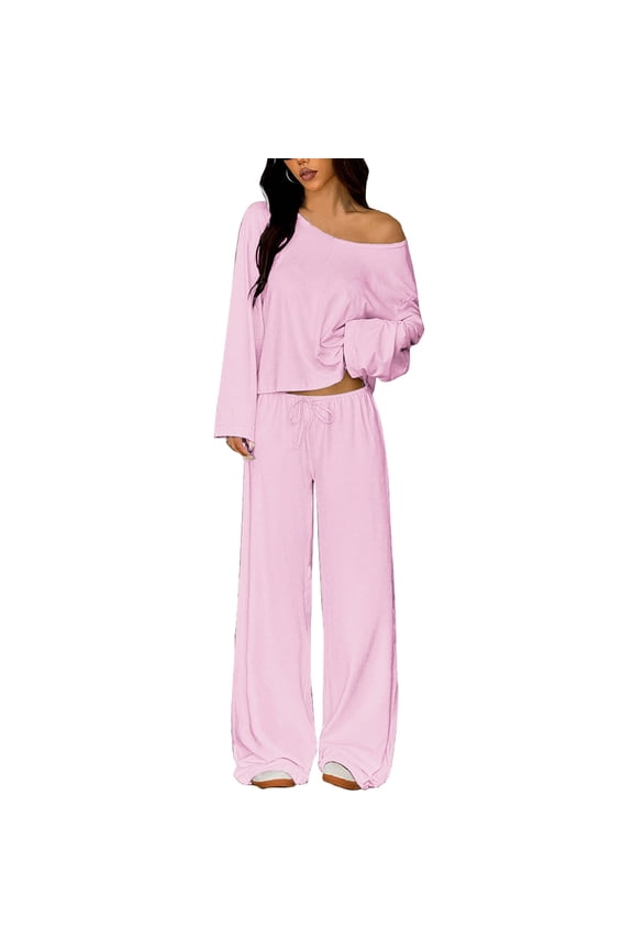 Womens 2 Piece Matching Lounge Sets Off The Shoulder 2026 Airport T Shirt with Flowy Wide Leg Pants Lightweight Long Sleeve Lounge Set Pink M