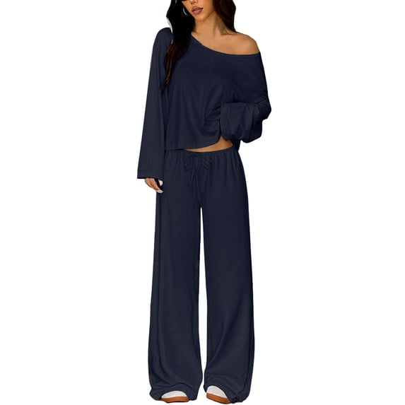 Stichou Womens 2 Piece Matching Lounge Sets Vacation Airport 2026 Spring Outfits Off Shoulder Sweatshirt Wide Leg Sweatpant Set Dark Blue XL