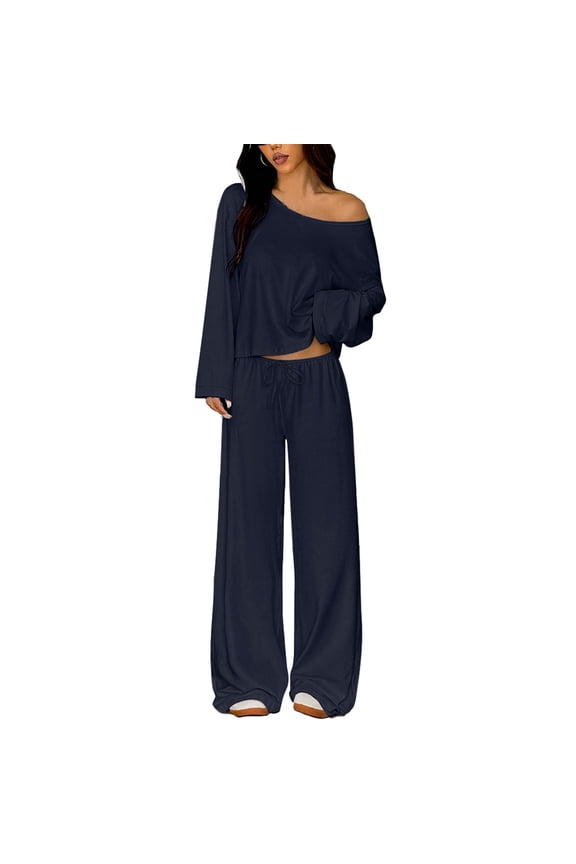 Womens 2 Piece Matching Lounge Sets Vacation Airport 2026 Spring Outfits Off Shoulder Sweatshirt Wide Leg Sweatpant Set Dark Blue XL
