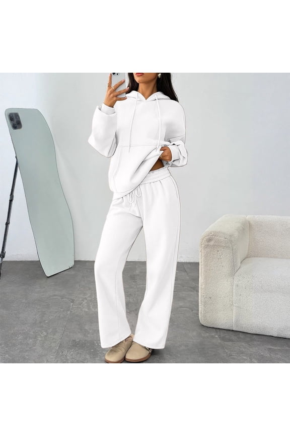 Womens 2 Piece Outfits 2026 Sweatsuit Set Track Suits Spring Fall Hoodie Sweatshirts Wide Leg Sweatpants with Pockets White S