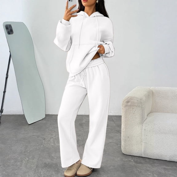 Stichou Womens 2 Piece Outfits 2026 Sweatsuit Set Track Suits Spring Fall Hoodie Sweatshirts Wide Leg Sweatpants with Pockets White S