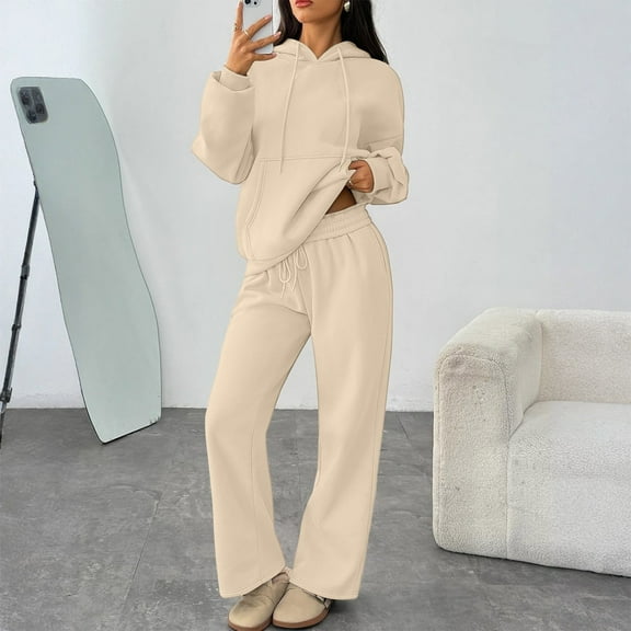 Stichou Womens 2 Piece Outfits Lounge Hoodie Sweatsuit Sets Spring Fall Fashion Clothes Airport Travel Pants Tracksuits Beige L