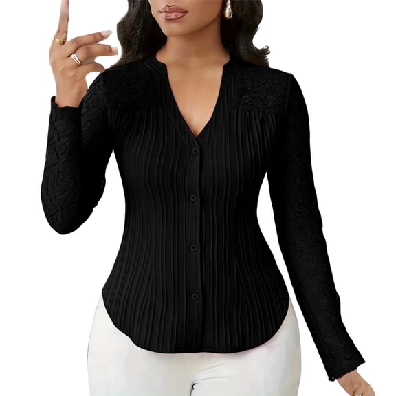 Stichou Womens 2026 Button Down Lace Elegant Floral Long Sleeve Shirt Casual Spring Summer Blouse Top Black S