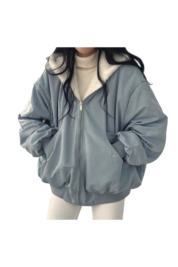 Womens 2026 Fleece Lined Jacket Reversible Zip Up Fuzzy Faux Fur Hoodie Oversized Warm Sweatshirt Blue S