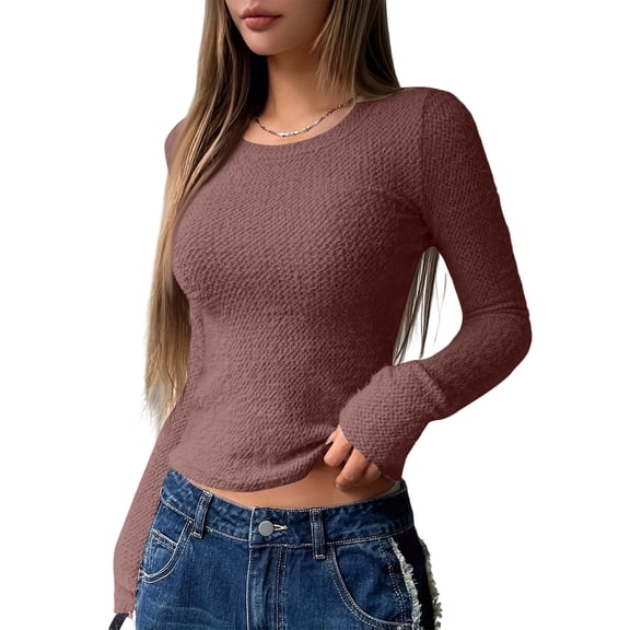 Stichou Womens 2026 Knit Tops Crewneck Long Sleeve Slim T-Shirts Spring Fall Basic Cozy Loungewear Top Pink M