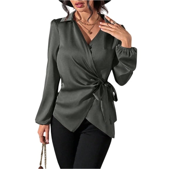 Stichou Womens 2026 Long Sleeve V Neck Satin Tunics Cute Tie Twist Casual Tops Gray S