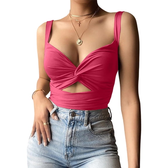 Stichou Womens 2026 Spaghetti Strap Deep V-Neck Solid Color Backless Tank Tops for Women Slim Fitted Soft Shirts Hot Pink L