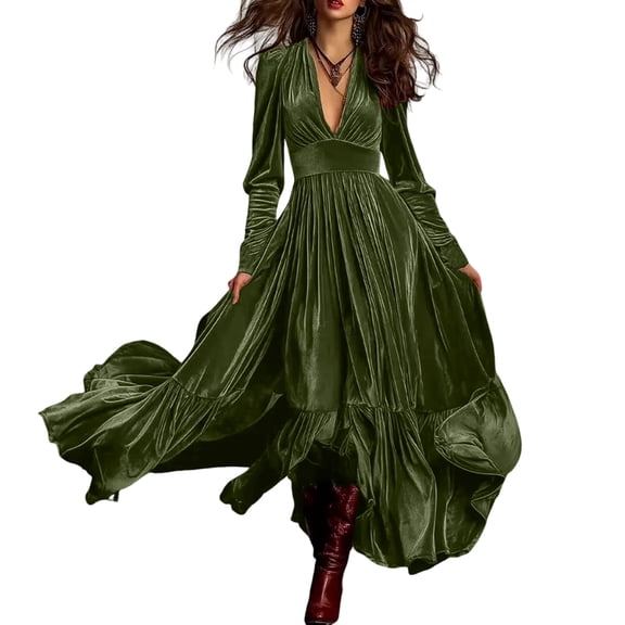 Stichou Womens 2026 Vintage Pastoral Boho Floral Maxi Dress V-Neck Long Sleeve Dress Western Tunic Ruffle Velvet Fashion Flowy Dresses Green S