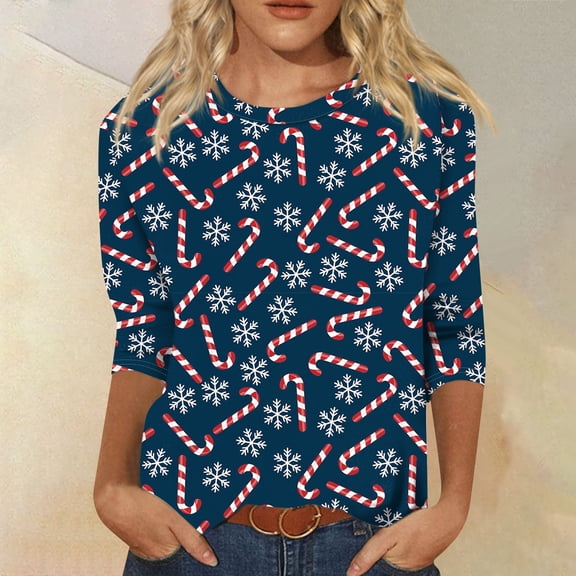 Stichou Womens 3/4 Sleeve Christmas Shirts Plus Size Candy Cane Graphic Happy Xmas Winter T Shirts Round Neck Soft Tunic Tops Trendy Blouse Dark Blue 3XL