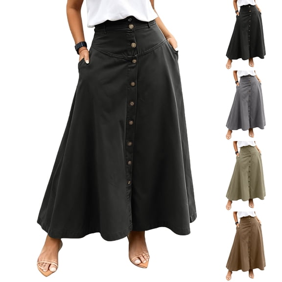 Stichou Womens A Line Midi Skirt Vintage Button Down Swing Skirt High Waisted Slit Pleated Skirt with Pockets Black L