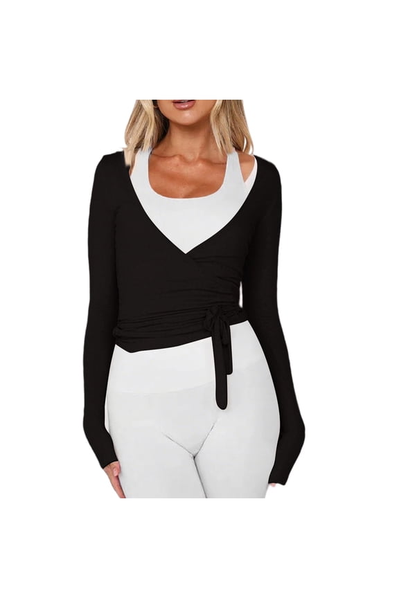 Womens Ballet Wrap Top Long Sleeve Tie Front Workout Cover Up Pilates Yoga Tops Y2k Fairy Fashion Shirt Going Out Black M