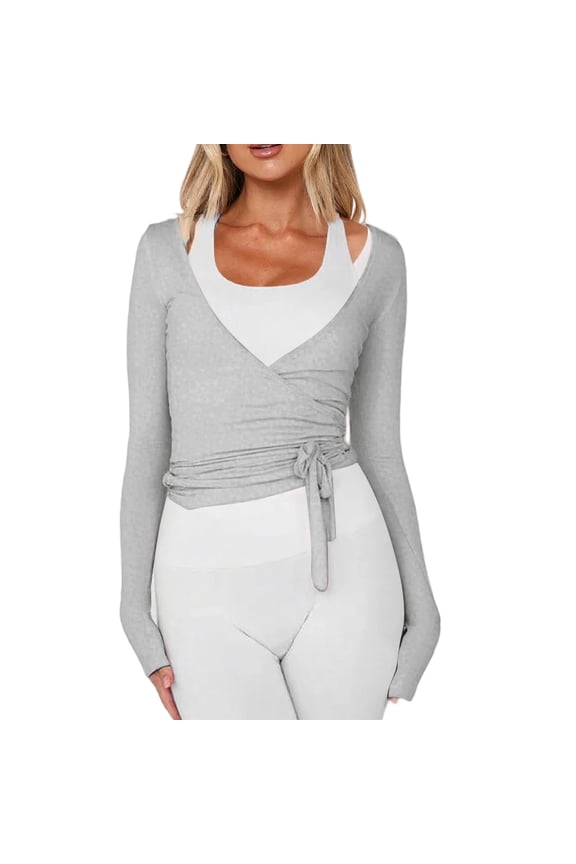 Womens Ballet Wrap Top Long Sleeve Tie Front Workout Cover Up Pilates Yoga Tops Y2k Fairy Fashion Shirt Going Out Light Gray S