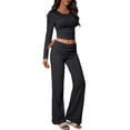 thumbnail image 1 of Stichou Womens Basic Two Piece Outfits Long Sleeve Spring Summer Slim Crop Top Fold Over Leggings Pants Set Matching Tracksuit Black L, 1 of 6