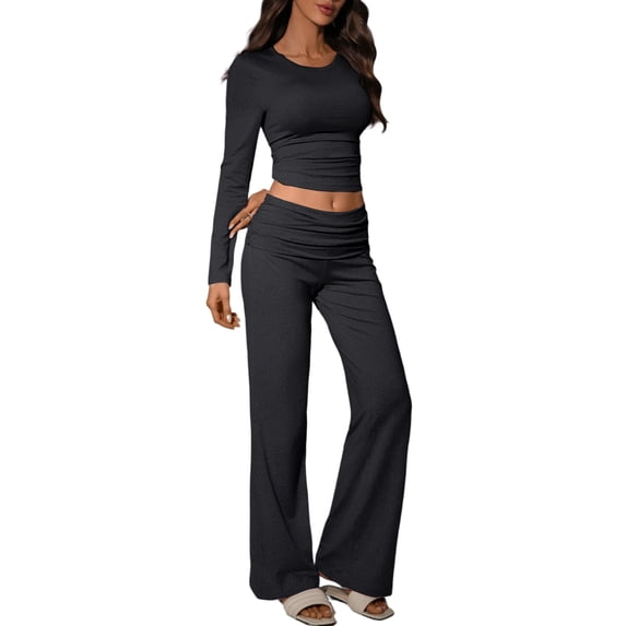 Stichou Womens Basic Two Piece Outfits Long Sleeve Spring Summer Slim Crop Top Fold Over Leggings Pants Set Matching Tracksuit Black L