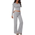 thumbnail image 1 of Stichou Womens Basic Two Piece Outfits Long Sleeve Spring Summer Slim Crop Top Fold Over Leggings Pants Set Matching Tracksuit Light Gray S, 1 of 5
