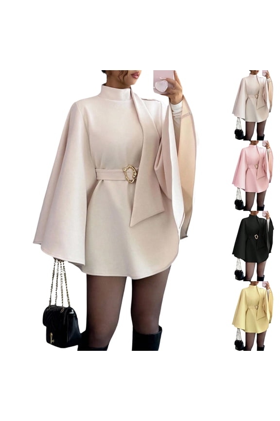 Womens Batwing Sleeve Poncho Pea Coats Oversized Belted Trendy Casual Stand Collar Cloak Fashion Coats White M