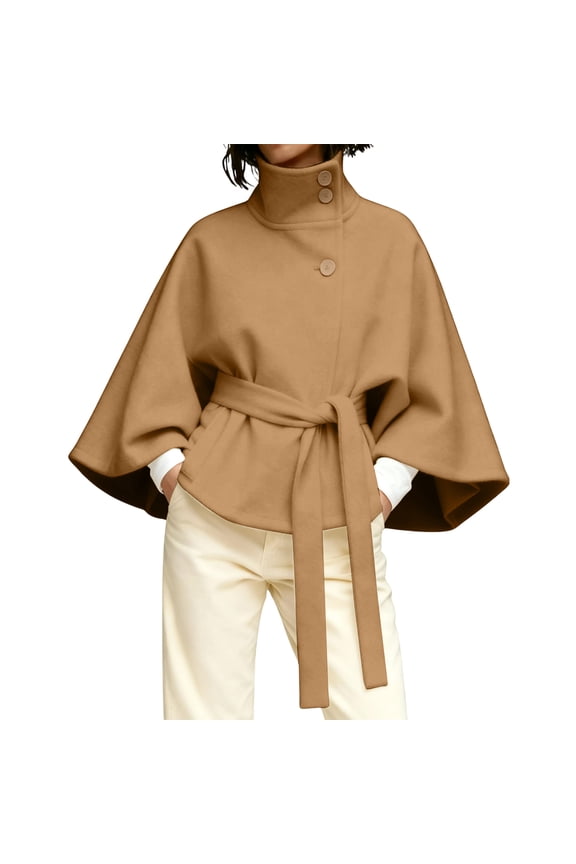 Womens Batwing Sleeve Poncho Pea Coats, Wool Blend Coat Belted Stand Collar Trench Outerwear Spring Winter Cropped Overcoat Camel L