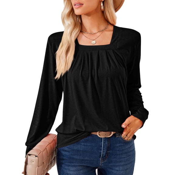 Stichou Womens Blouses Dressy Casual Tee Shirts Long Sleeve Square Neck Spring Tops Loose fit Trendy Tshirt Shirt Outfits Black L