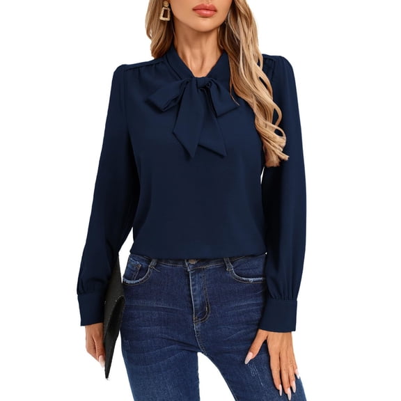 Stichou Womens Blouses Professional Long Sleeve Shirts Bow Tie Neck Work Tops Business Casual Outfits Dark Blue 2XL