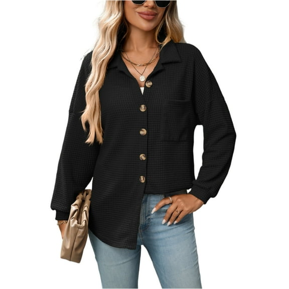Stichou Womens Boyfriend Shirts Casual Long Sleeve Button Down Oversized Waffle Knit Shacket Jacket Black L