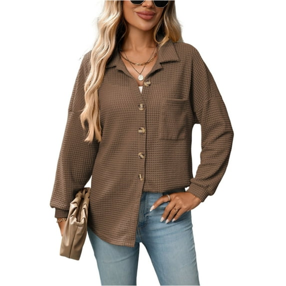 Stichou Womens Boyfriend Shirts Casual Long Sleeve Button Down Oversized Waffle Knit Shacket Jacket Coffee 2XL