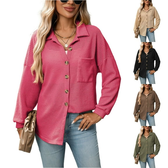 Stichou Womens Boyfriend Shirts Casual Long Sleeve Button Down Oversized Waffle Knit Shacket Jacket Hot Pink M