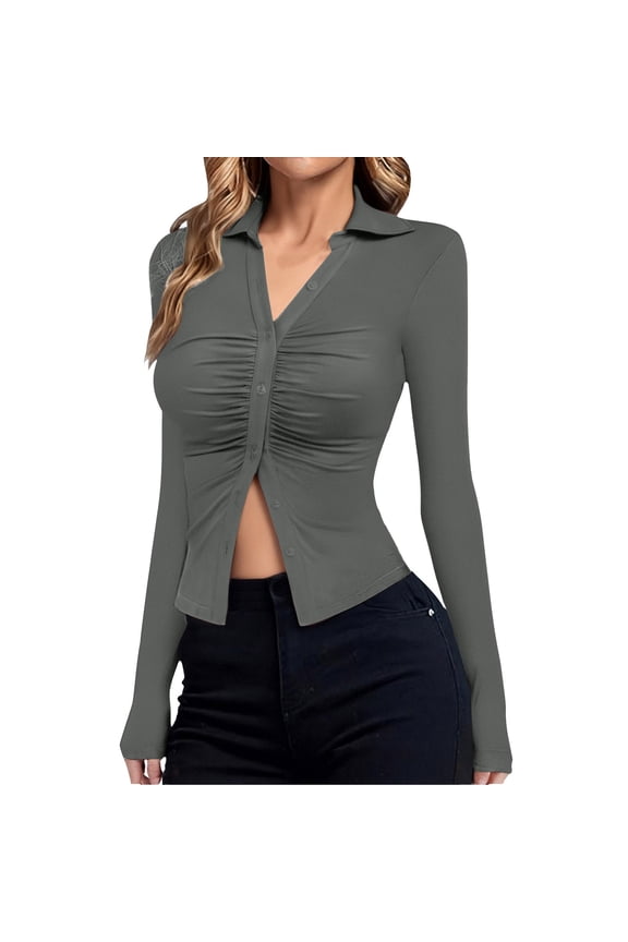 Womens Button Down Ruched Blouse 2026 Long Sleeve V Neck Shirts Slim Fit Going Out Tops Fashion Y2K Clothes Gray S
