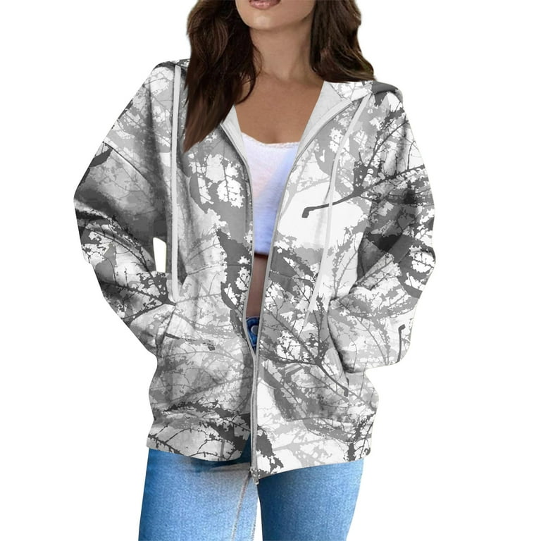 Stichou Womens Camo Zip Up Hoodie Long Sleeve Maple Leaf Print