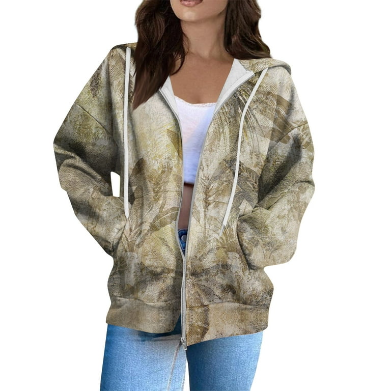 Stichou Womens Camo Zip Up Hoodie Long Sleeve Maple Leaf Print Oversized  Hooded Jacket Fleece Full Zip Sweatshirt with Pockets Khaki L