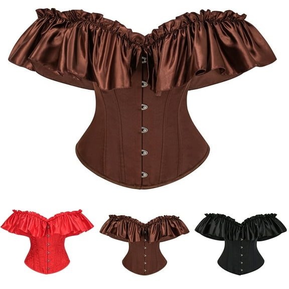 Stichou Womens Costume Fall Winter Princess Rushed Sleeve Bustier Corset Top Lace Up Lingerie Off The Shoulder Tops Coffee XS