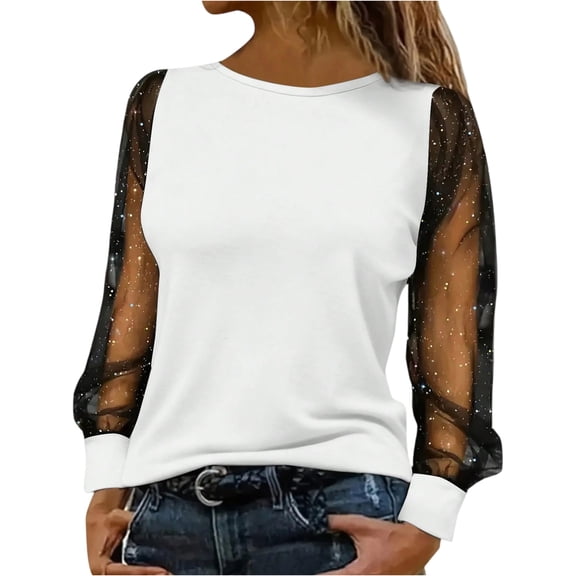 Stichou Womens Crew Neck Sheer Long Sleeve Mesh Top See Through Casual Going Out Blouse for Party Club White S