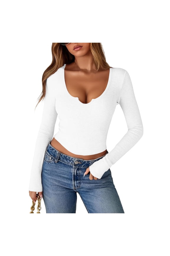Womens Crop Tops 2026 Spring Summer Long Sleeve Scoop Neck Ribbed Tee Slim Fit Stretchy Tops White M