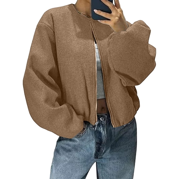 Stichou Womens Cropped Bomber Jackets Trendy Casual Collarless Pea Coat Zip Up Sping Fall Short Jacket Coffee L