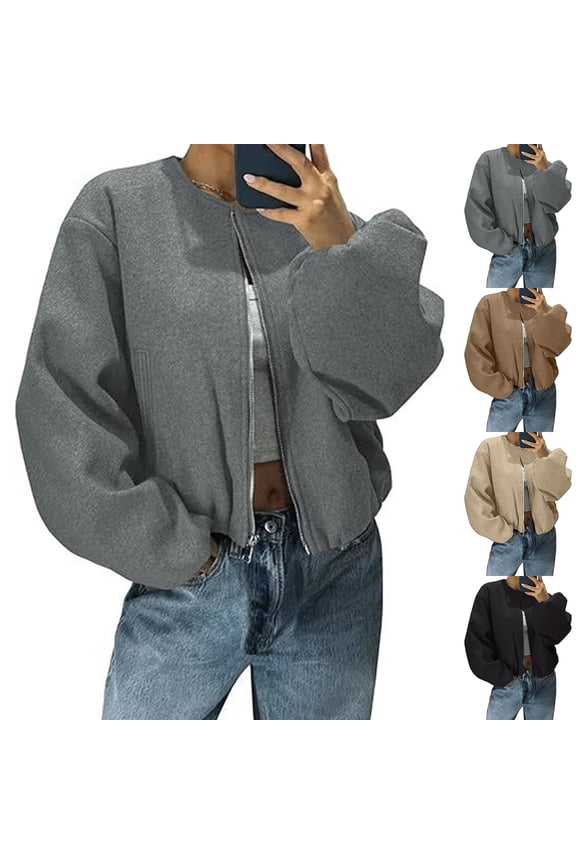Womens Cropped Bomber Jackets Trendy Casual Collarless Pea Coat Zip Up Winter Spring 2026 Short Jacket Gray S