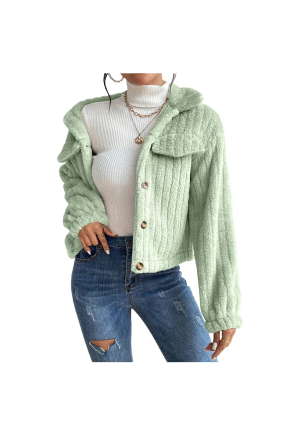 Womens Cropped Fleece Jacket Warm Casual Button Down Coat Fuzzy Long Sleeve Lapel Coats Short Winter Outerwear Fluorescent Green 2XL