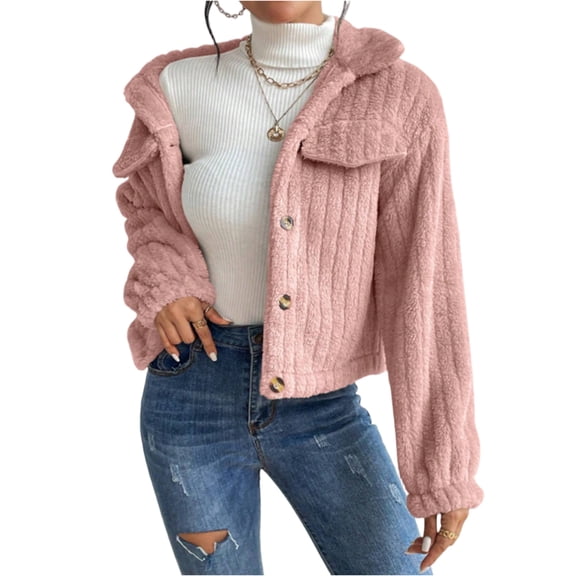 Stichou Womens Cropped Fleece Jacket Warm Casual Button Down Coat Fuzzy Long Sleeve Lapel Coats Short Winter Outerwear Light pink 2XL