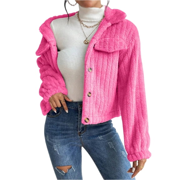 Stichou Womens Cropped Fleece Jacket Warm Casual Button Down Coat Fuzzy Long Sleeve Lapel Coats Short Winter Outerwear Pink 2XL